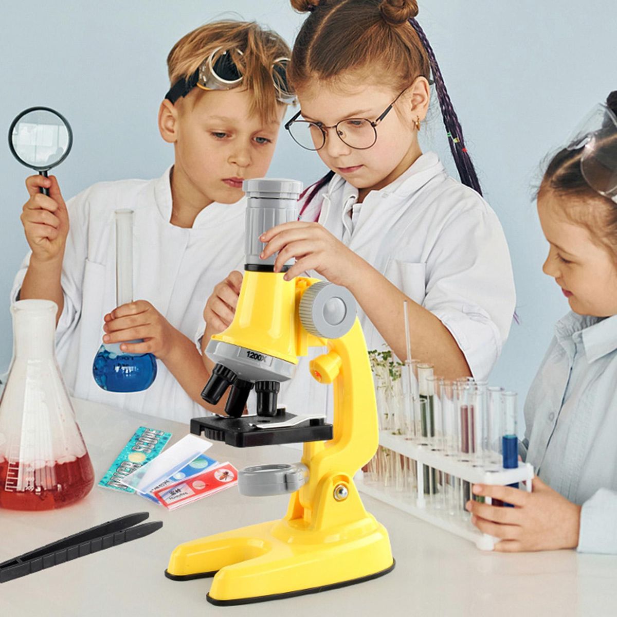 1 Set Children 100X600X1200X Multiple Objective Lens Student Kit Yellow