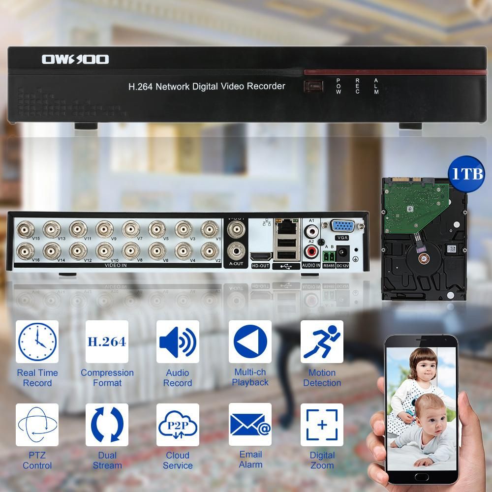 OWSOO 16CH Channel Full CIF H.264 HDMI P2P Cloud Network DVR Digital Video Recorder + 1TB Seagate Hard Disk support Audio Record Phone Control Motion Detection Email Alarm PTZ for CCTV Security Camera Surveillance System