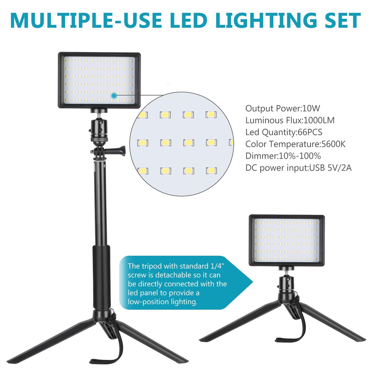 2 Packs Dimmable 5600K USB Camera LED Video Light W/ Adjustable Tripod Stand Color Filters