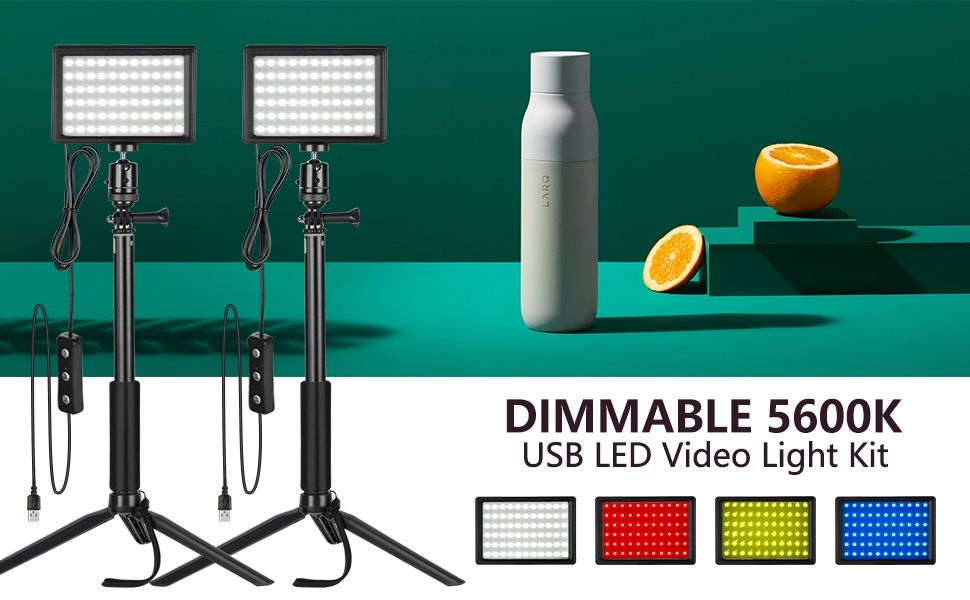 2 Packs Dimmable 5600K USB Camera LED Video Light W/ Adjustable Tripod Stand Color Filters