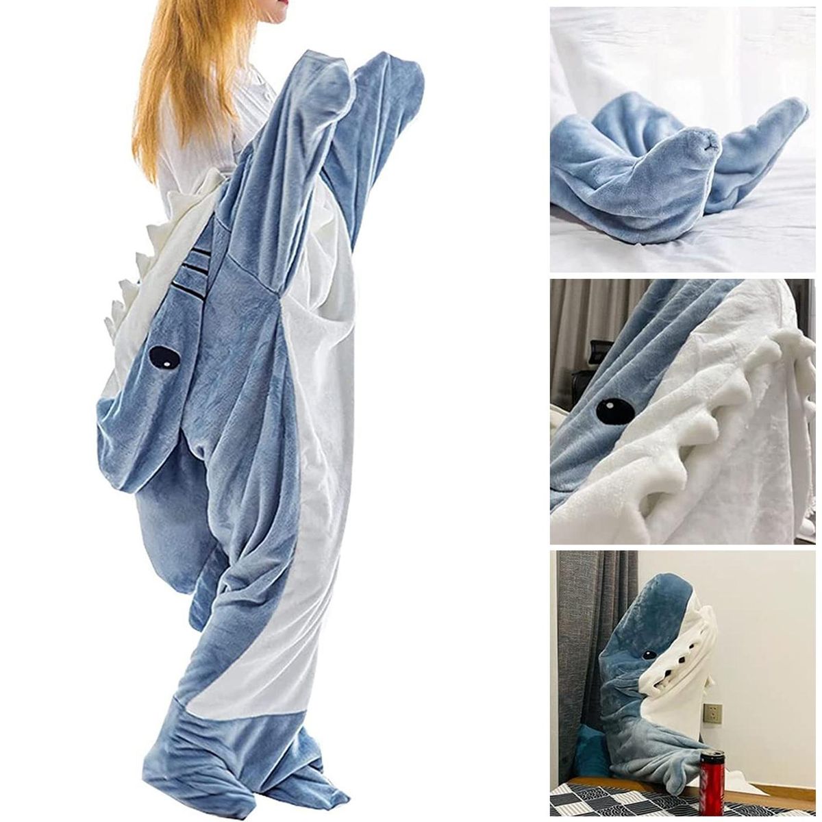 Hooded Blanket Soft Plush Shark Sleeping Bag Blanket Blue