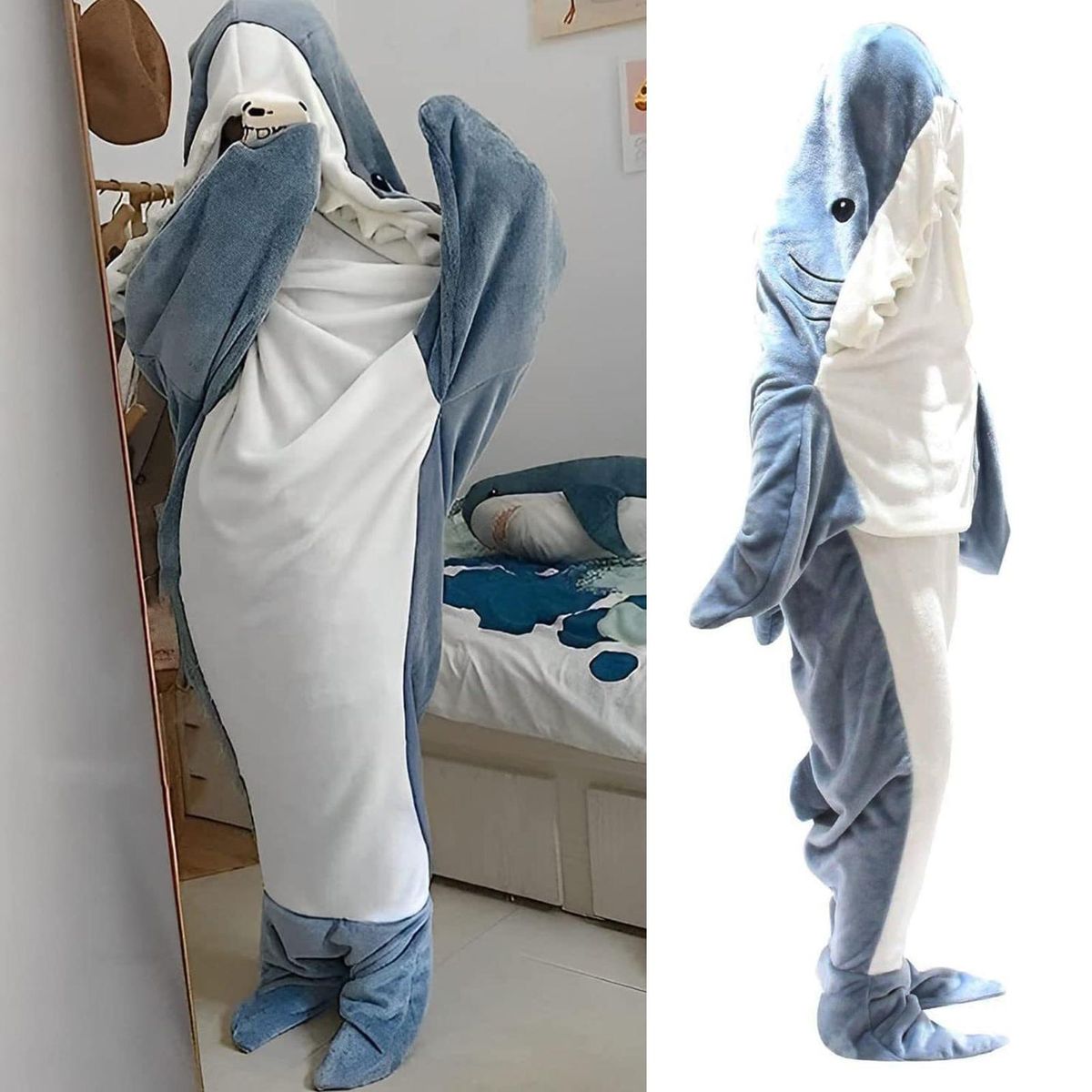 Hooded Blanket Soft Plush Shark Sleeping Bag Blanket Blue