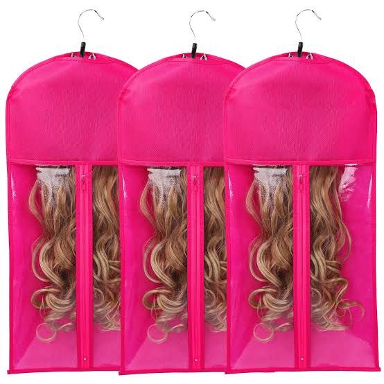 Wig Storage Bag With Zipper & Hanger- Pink