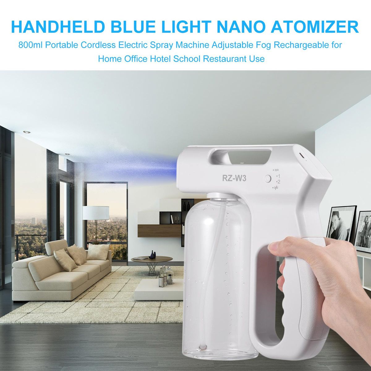 Handheld Blue Light Nano Atomizer Rechargeable Sterilizing Sprayer 800ml Portable Cordless Electric Spray Machine Adjustable Fog for Home Office Hotel School Restaurant Use