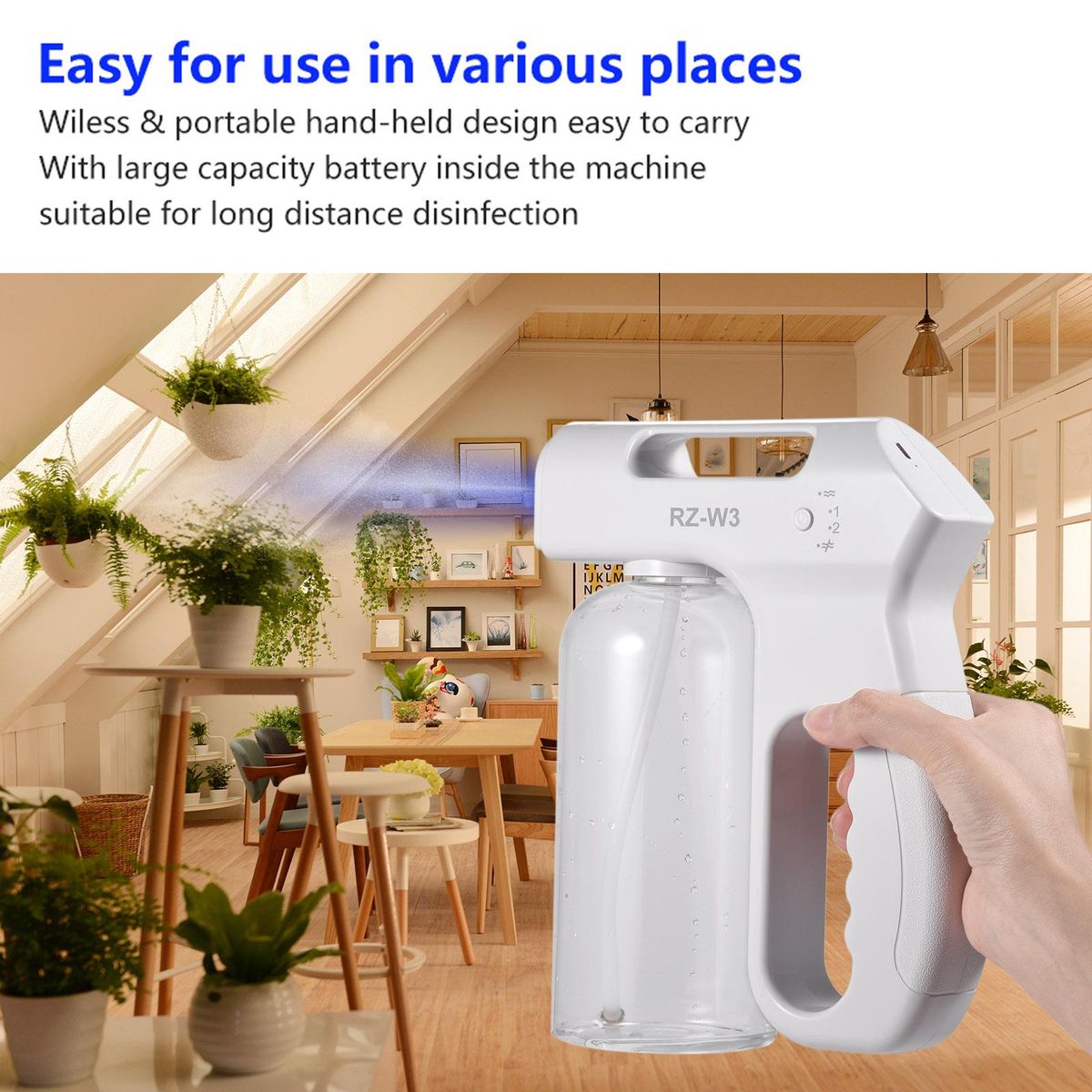 Handheld Blue Light Nano Atomizer Rechargeable Sterilizing Sprayer 800ml Portable Cordless Electric Spray Machine Adjustable Fog for Home Office Hotel School Restaurant Use