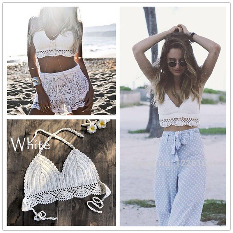 Sexy Women Summer Backless Crochet Knit Beach Bra Boho Bralette Deep Camis