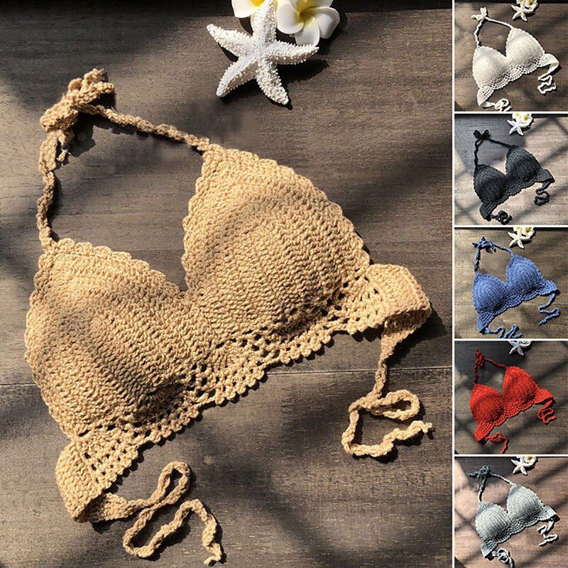 Sexy Women Summer Backless Crochet Knit Beach Bra Boho Bralette Deep Camis