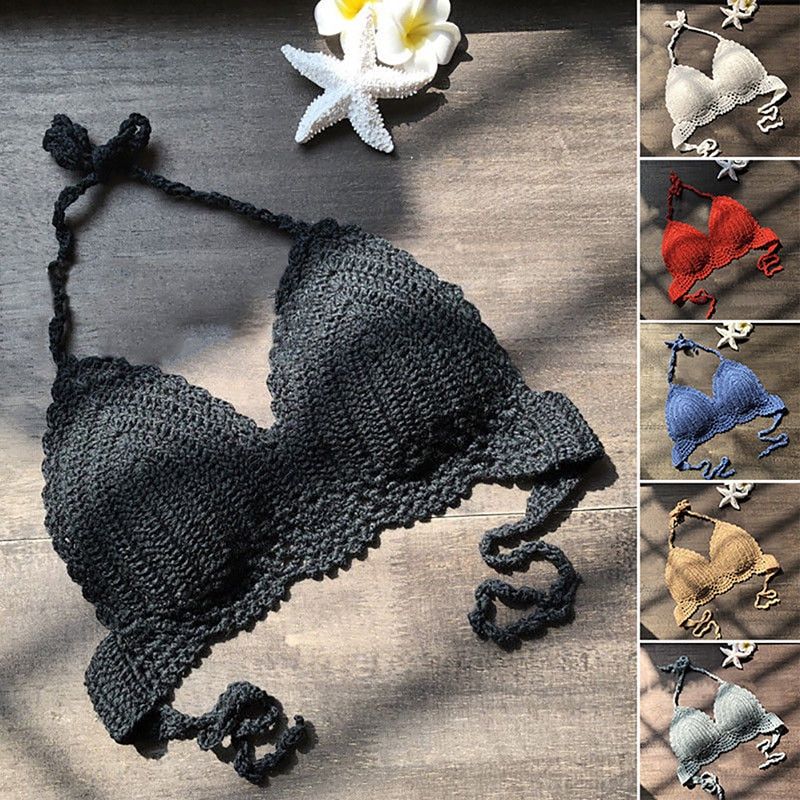 Sexy Women Summer Backless Crochet Knit Beach Bra Boho Bralette Deep Camis