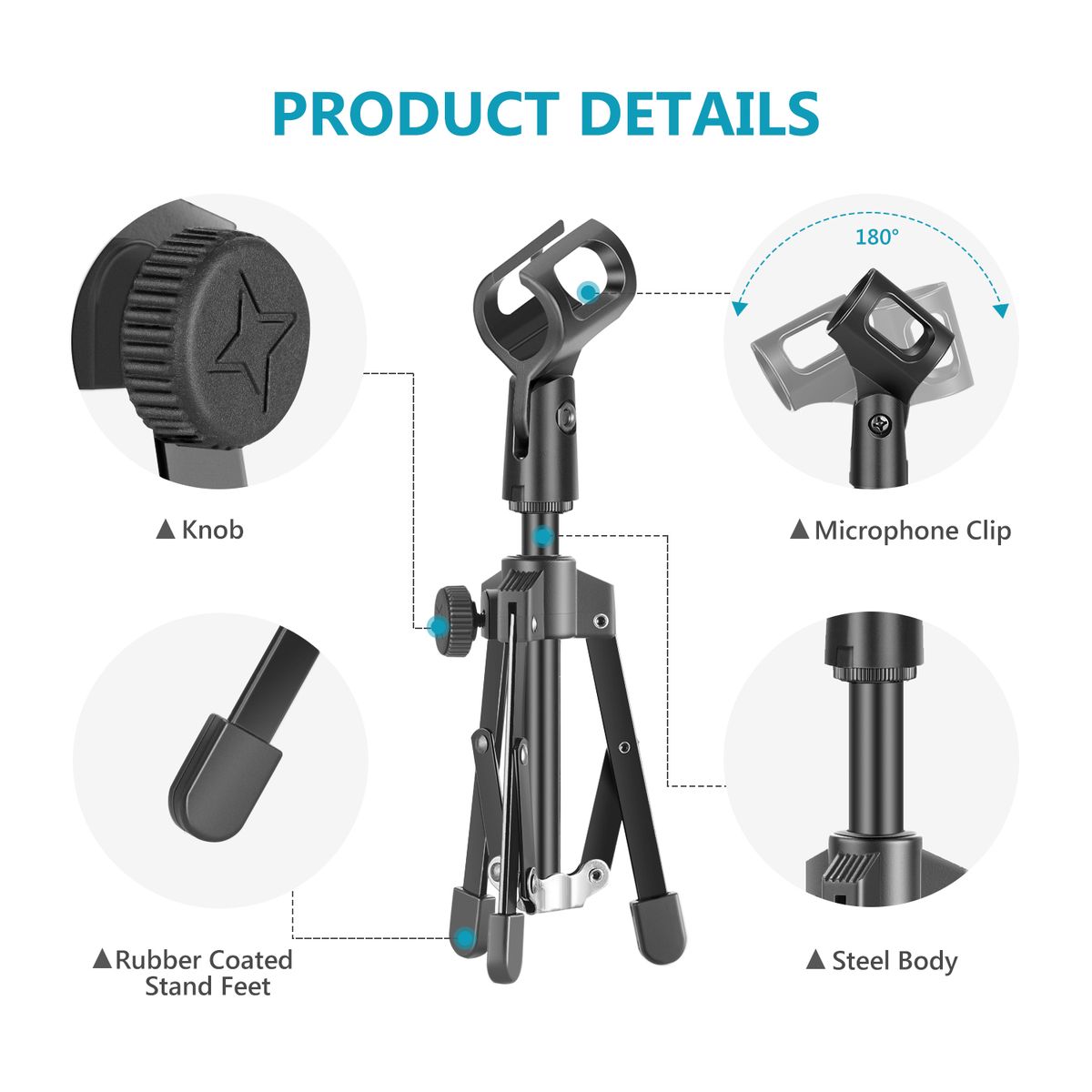 Mini Metal Foldable Desktop Tabletop Tripod Microphone Mic Stand With Mic Clip Holder, Durable Iron Construction, 3/8-inch And 5/8-inch Threaded Mount For Meetings Lectures Podcasts Etc