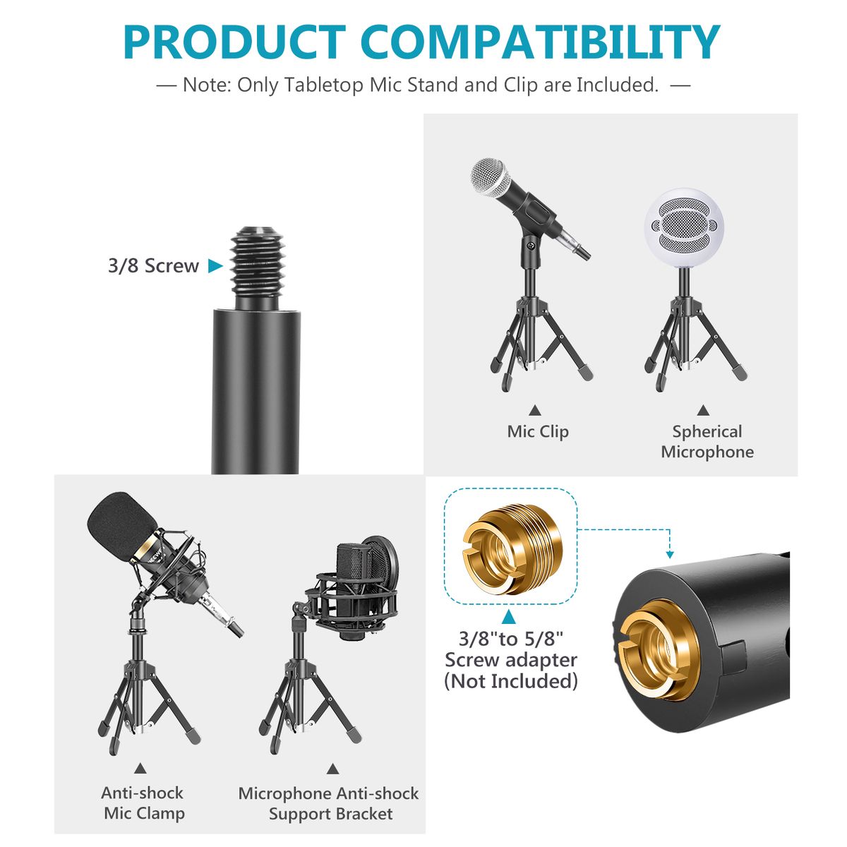 Mini Metal Foldable Desktop Tabletop Tripod Microphone Mic Stand With Mic Clip Holder, Durable Iron Construction, 3/8-inch And 5/8-inch Threaded Mount For Meetings Lectures Podcasts Etc