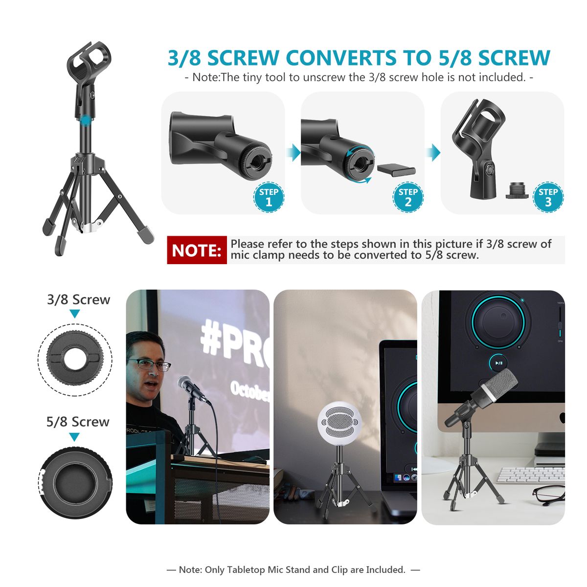 Mini Metal Foldable Desktop Tabletop Tripod Microphone Mic Stand With Mic Clip Holder, Durable Iron Construction, 3/8-inch And 5/8-inch Threaded Mount For Meetings Lectures Podcasts Etc