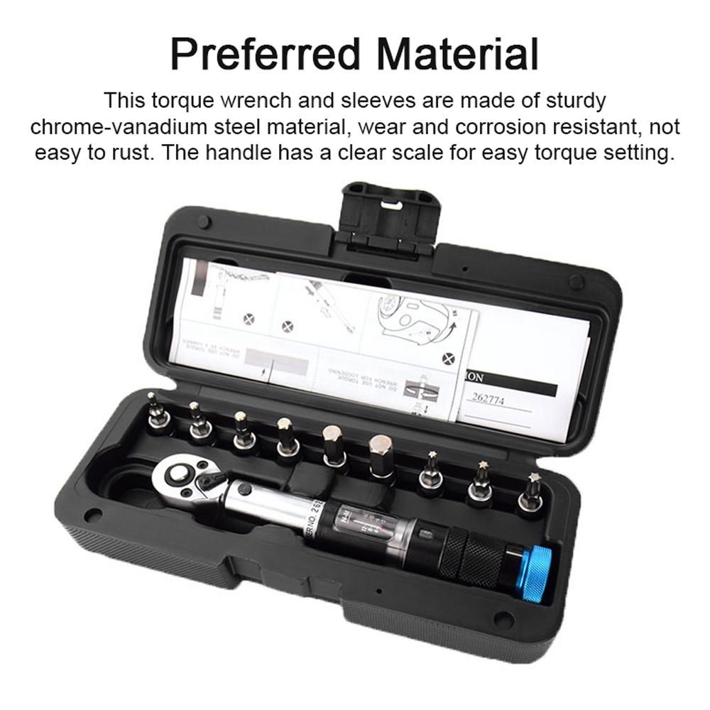 11PCS 1/4 Inch 2-14Nm Preset Torque Wrench Sleeves Set Quick Release Mini Portable Adjustable Torque Wrench Household Bicycle Car Auto Repairs with Storage Box