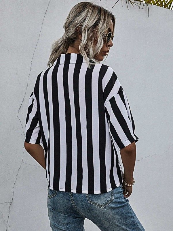 Vintage Sumer Beach Striped Loose Ladies Short Sleeve Shirt