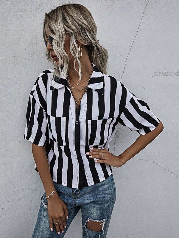 Vintage Sumer Beach Striped Loose Ladies Short Sleeve Shirt