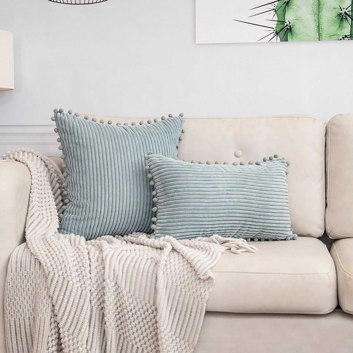 Throw Pillow Case Nordic Style INS Striped Tassel Ball Sofa Cushion Cover Light Blue