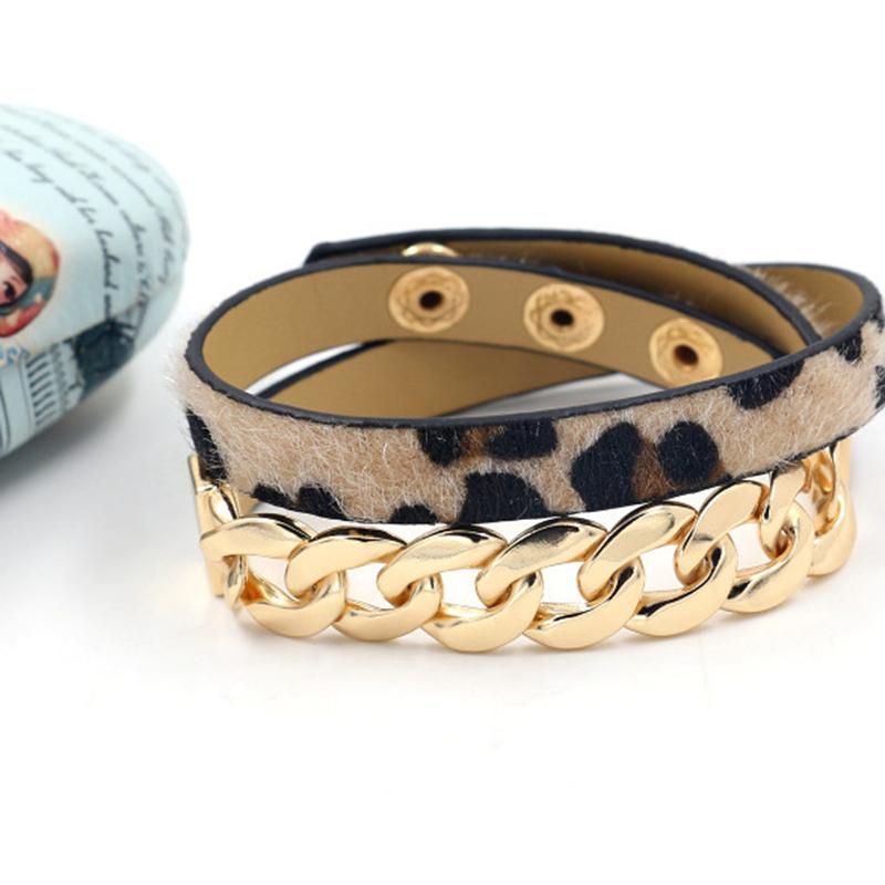 Fashion Leopard Print Multilayer Alloy PU Leather Bracelets