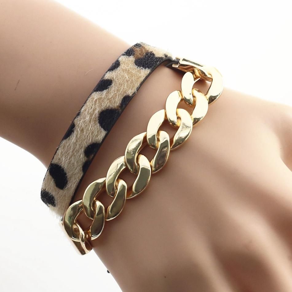 Fashion Leopard Print Multilayer Alloy PU Leather Bracelets