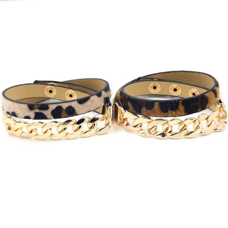 Fashion Leopard Print Multilayer Alloy PU Leather Bracelets