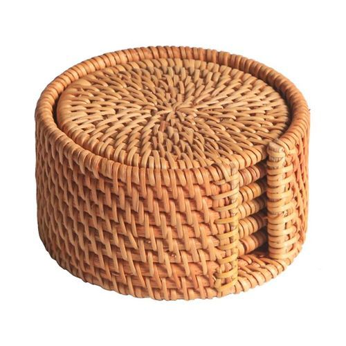 1 Set Hand-Woven Drink Coasters With Holder Rattan Coaster (