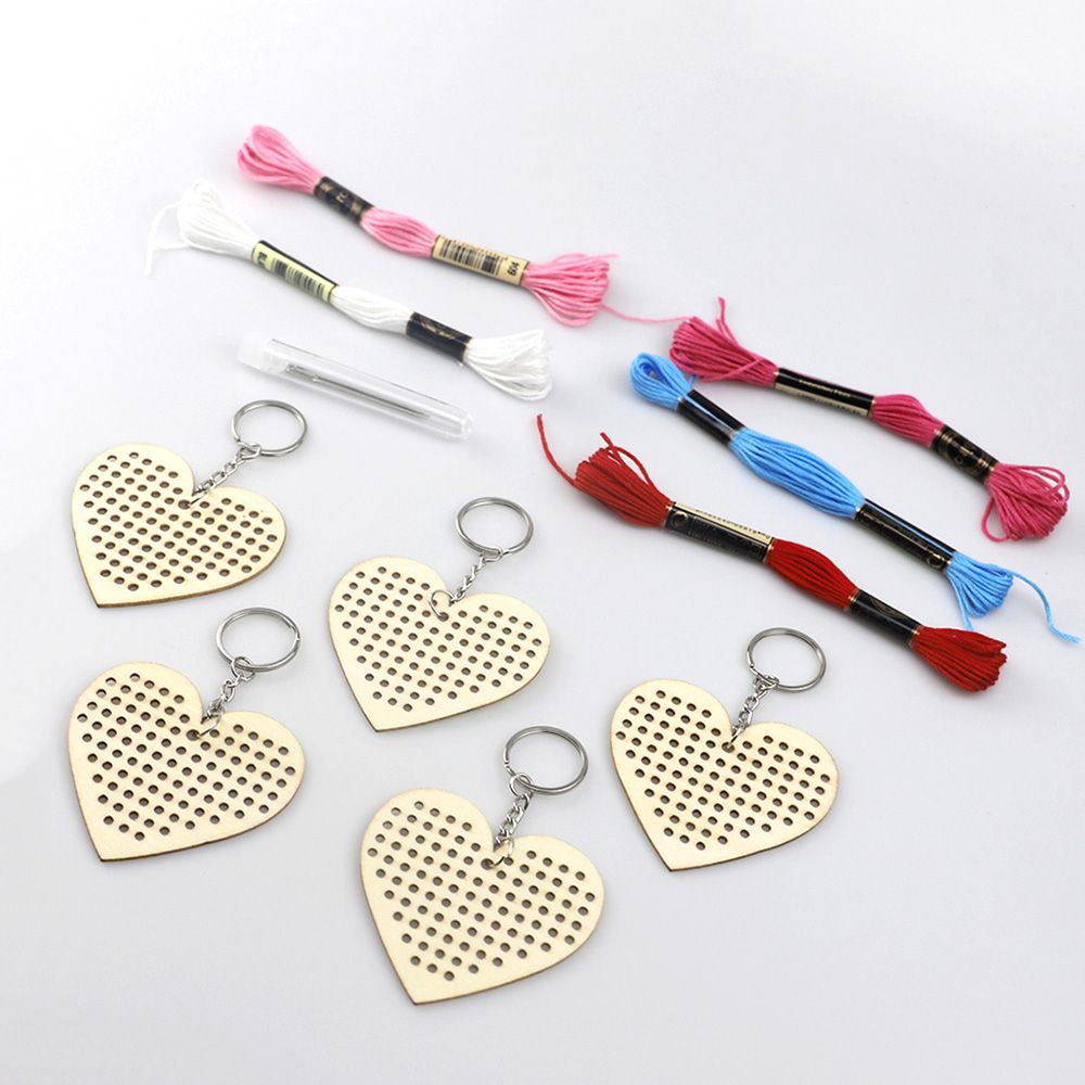5Pcs Wooden Heart With Colour Embroidery Threads DIY Craft