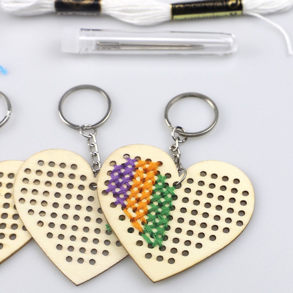 5Pcs Wooden Heart With Colour Embroidery Threads DIY Craft