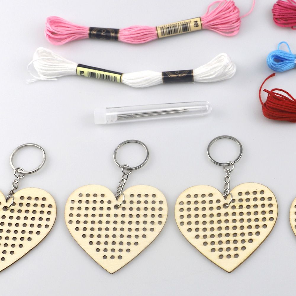 5Pcs Wooden Heart With Colour Embroidery Threads DIY Craft