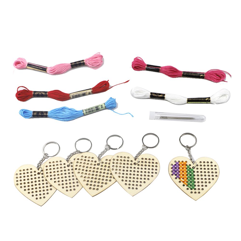 5Pcs Wooden Heart With Colour Embroidery Threads DIY Craft