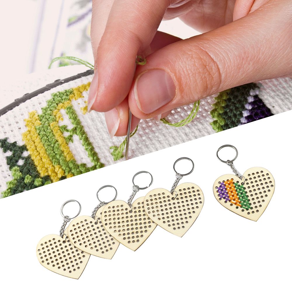 5Pcs Wooden Heart With Colour Embroidery Threads DIY Craft