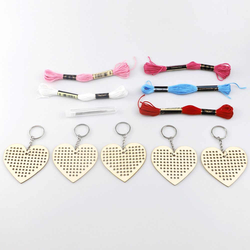 5Pcs Wooden Heart With Colour Embroidery Threads DIY Craft