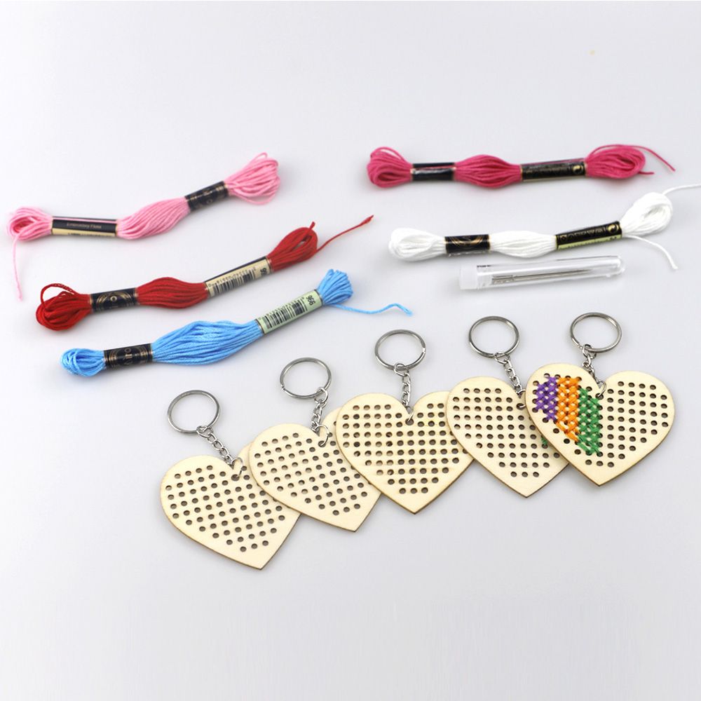 5Pcs Wooden Heart With Colour Embroidery Threads DIY Craft