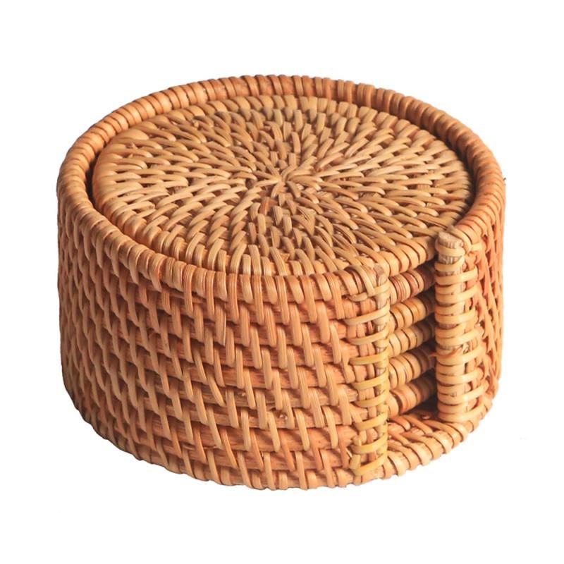 1 Set Hand-Woven Drink Coasters With Holder Rattan Coaster (