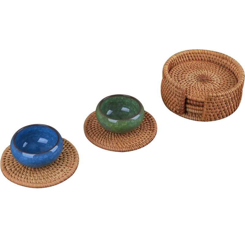 1 Set Hand-Woven Drink Coasters With Holder Rattan Coaster (
