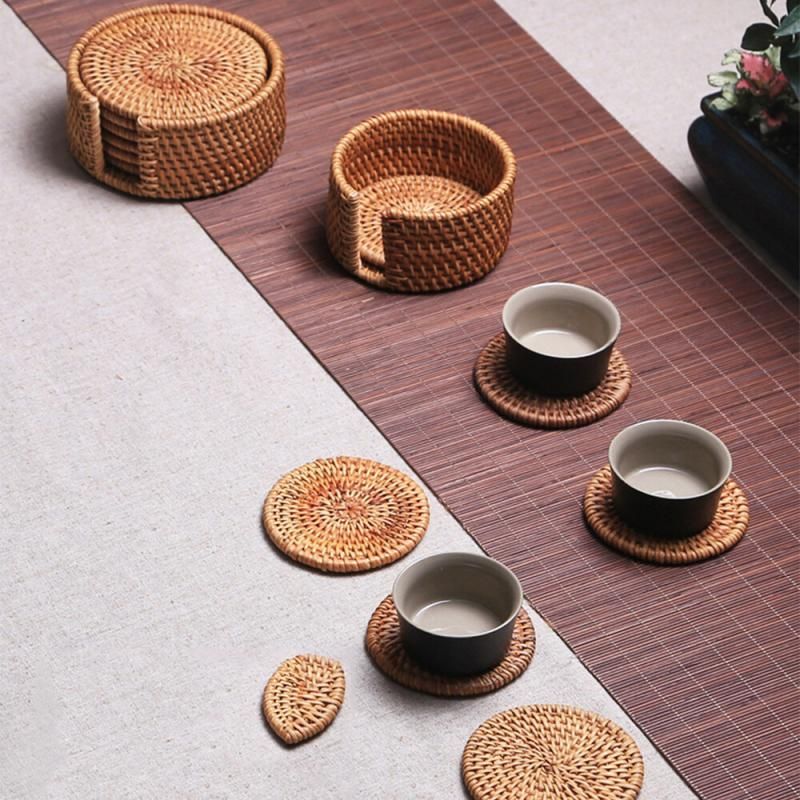 1 Set Hand-Woven Drink Coasters With Holder Rattan Coaster (