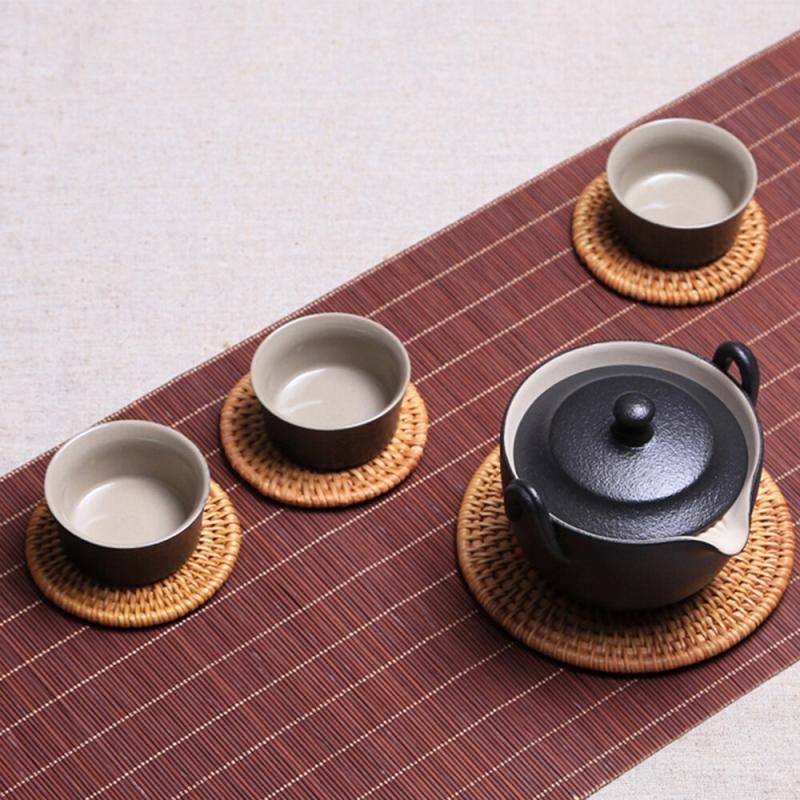 1 Set Hand-Woven Drink Coasters With Holder Rattan Coaster (