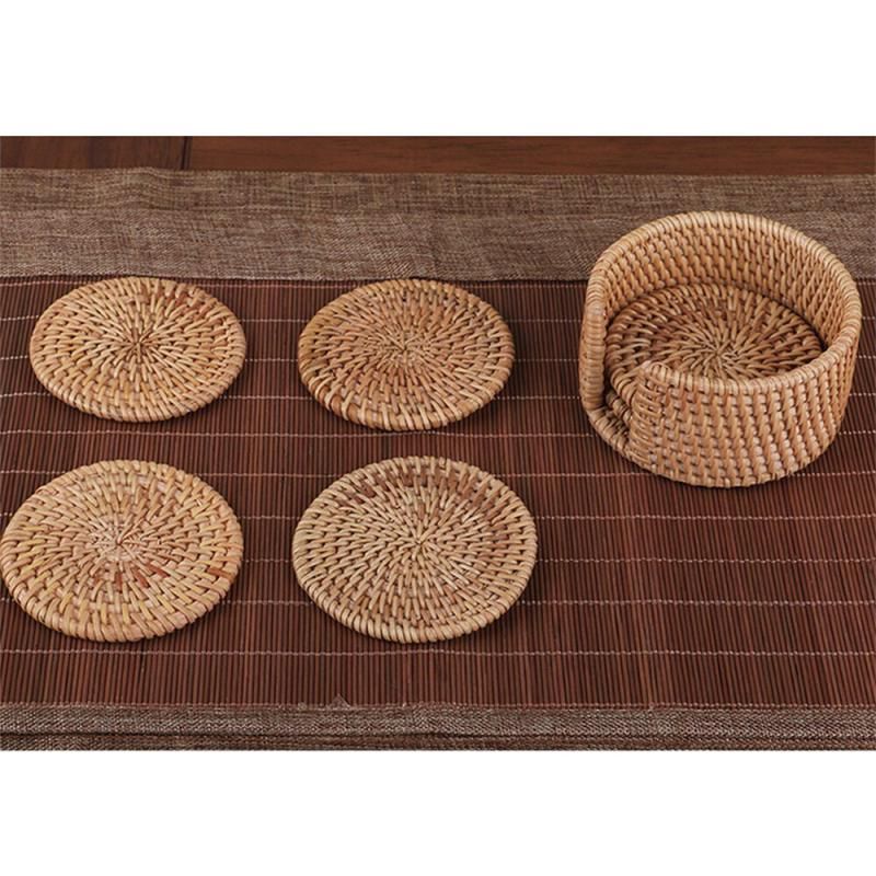 1 Set Hand-Woven Drink Coasters With Holder Rattan Coaster (