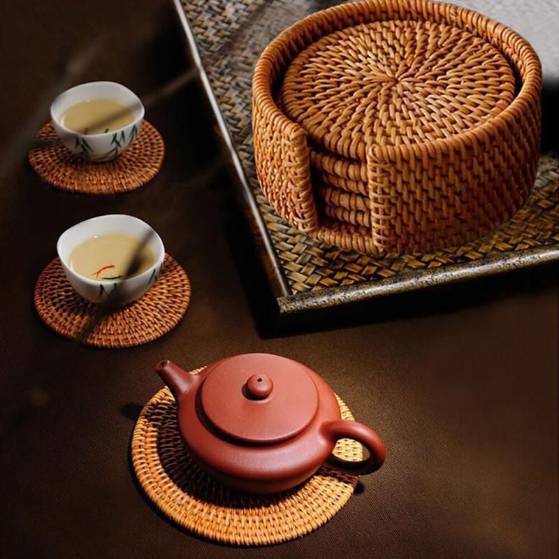 1 Set Hand-Woven Drink Coasters With Holder Rattan Coaster (