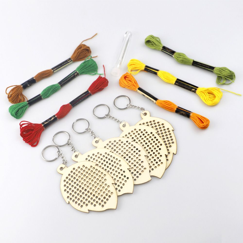 5Pcs Wooden Leaves With Colour Embroidery Threads DIY Craft