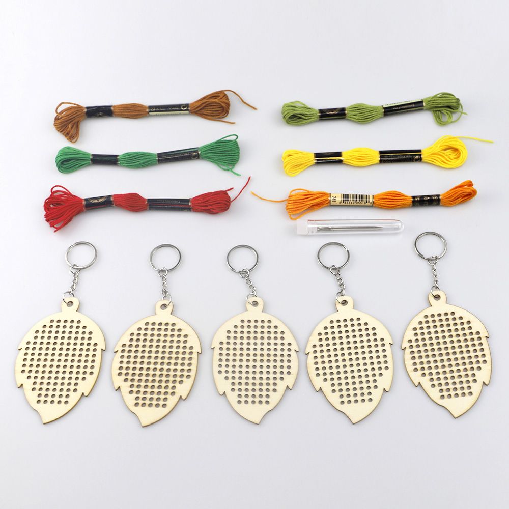 5Pcs Wooden Leaves With Colour Embroidery Threads DIY Craft