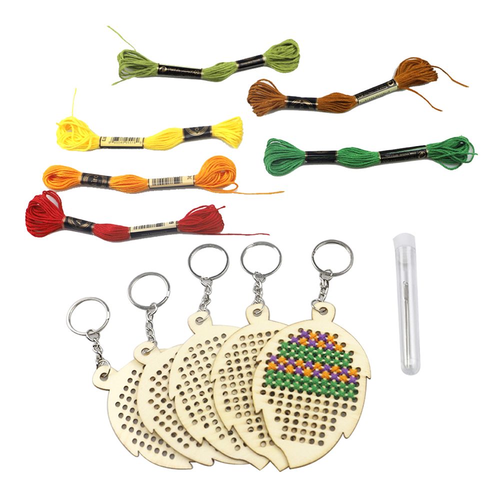 5Pcs Wooden Leaves With Colour Embroidery Threads DIY Craft