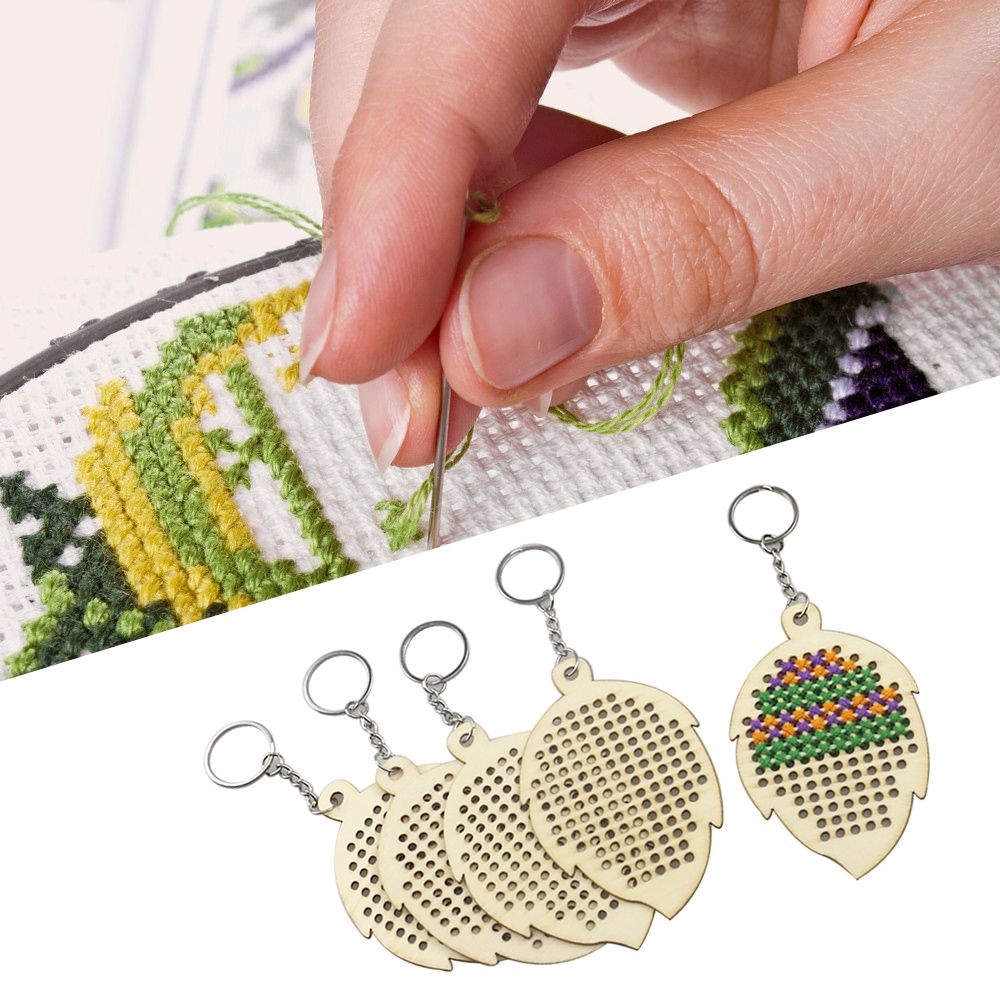 5Pcs Wooden Leaves With Colour Embroidery Threads DIY Craft