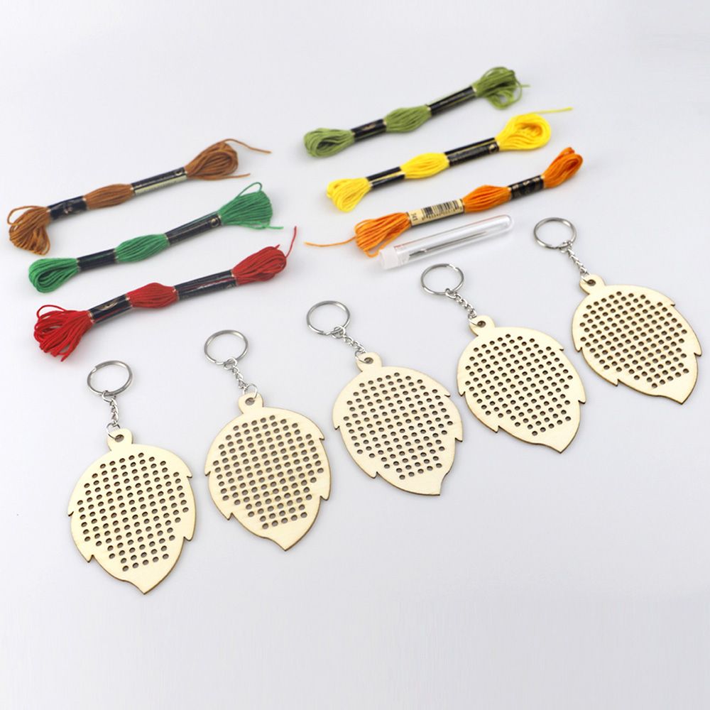 5Pcs Wooden Leaves With Colour Embroidery Threads DIY Craft