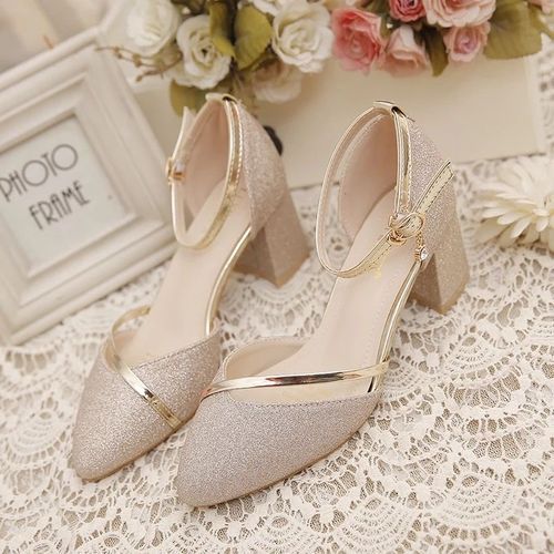 One Word Buckle Bridesmaid Toe Cap Sandals-Gold