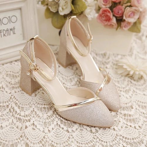 One Word Buckle Bridesmaid Toe Cap Sandals-Gold