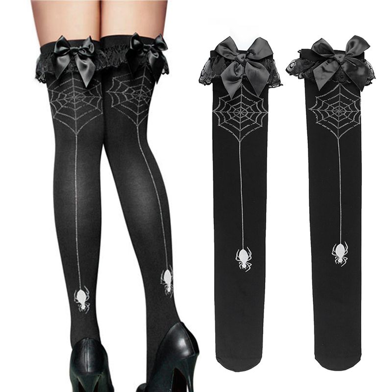 Spider With Net Print Stockings Velvet Thigh High