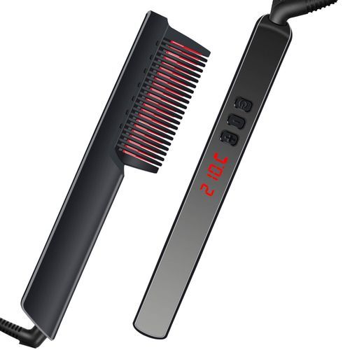 Beard Straightener For Men Styling Comb Ionic Hair Straightener Brush Anti-Scald Hot Comb With 6 Heat Levels Adjust Temp Beige