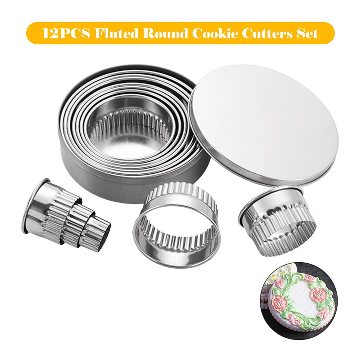 12PCS Fluted Round Cookie Cutters Set With Storage Box