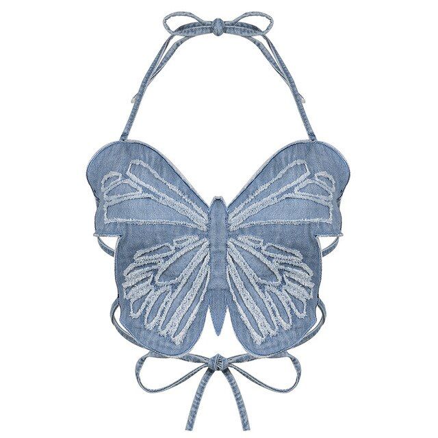 Butterfly Tube S Denim Lace-Up Corset Sexy Outfits Halter Neck Backless Camis