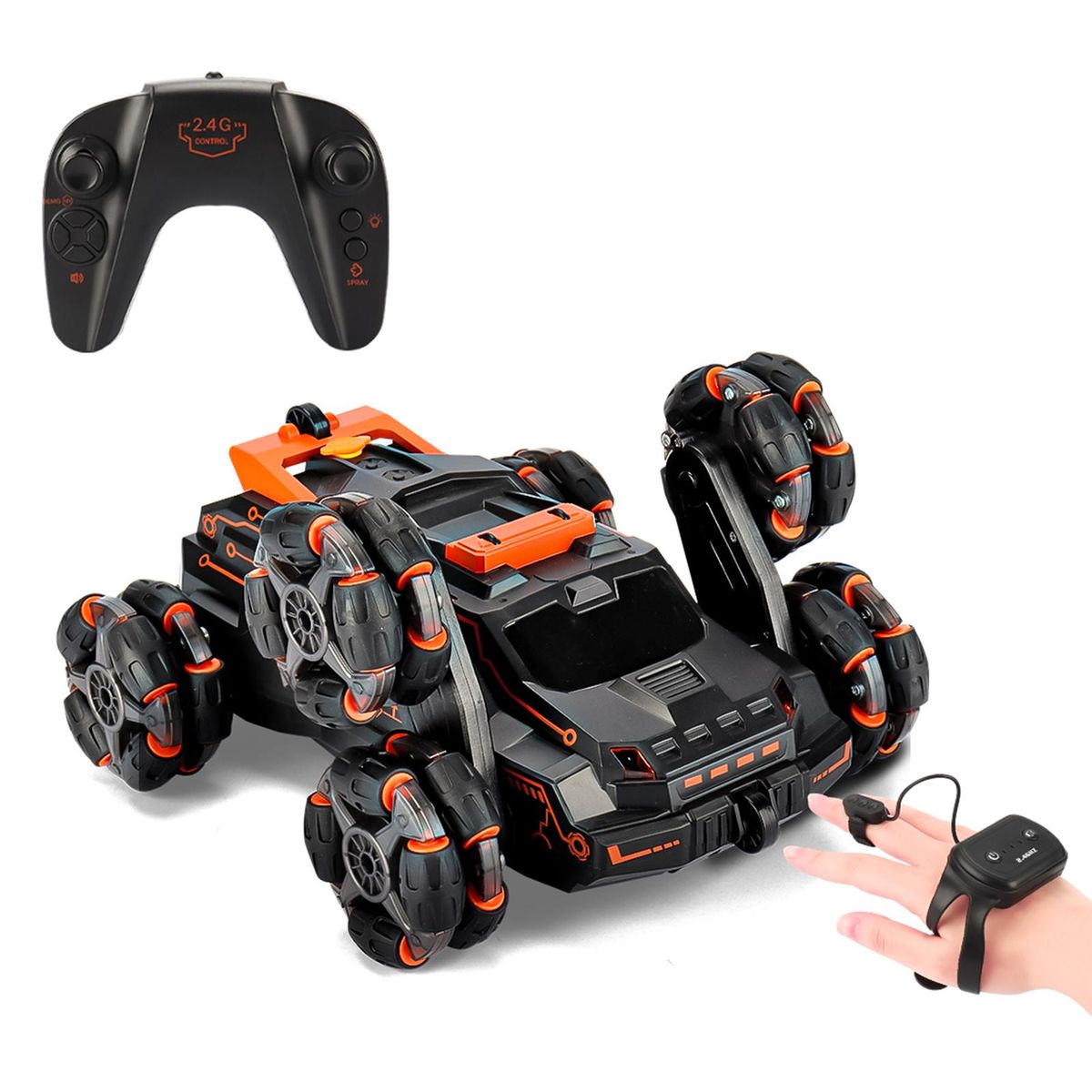 RC Stunt Car for Kids 2.4GHz 4WD Remote Control Stunt Car 2 Control Mode Double Sided 360° Rotating Vehicles with Spray Music Light