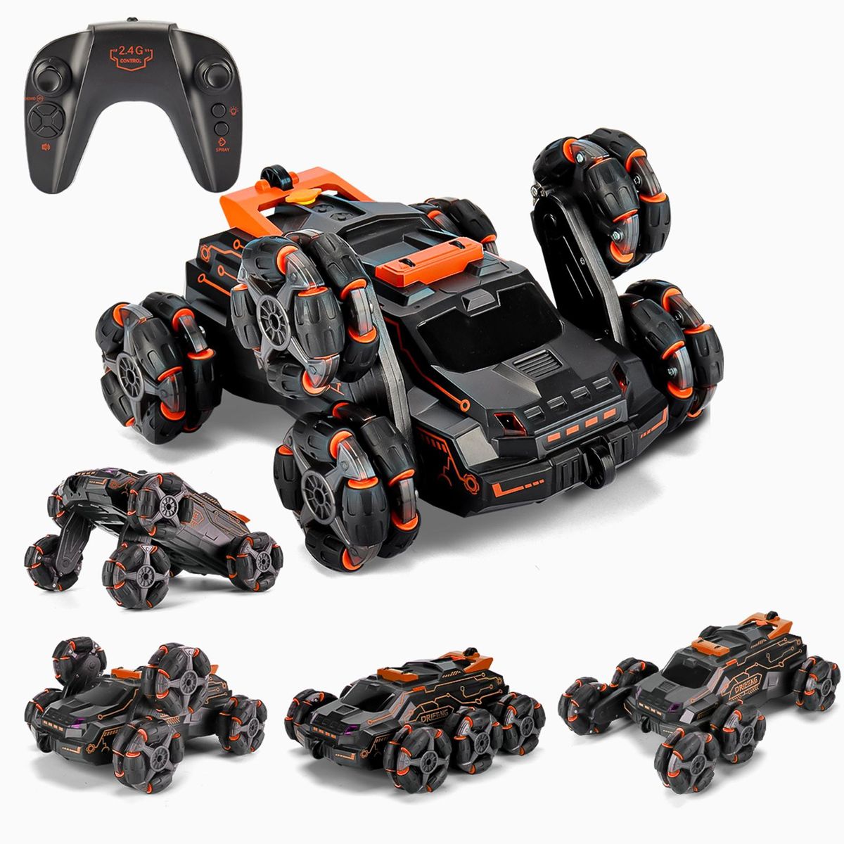RC Stunt Car for Kids 2.4GHz 4WD Remote Control Stunt Car 2 Control Mode Double Sided 360° Rotating Vehicles with Spray Music Light