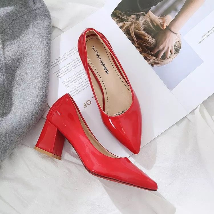Comfortable Office Lady Chunky Heel Pumps- Red
